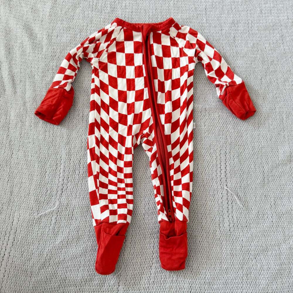Brixton Phoenix Red + White Wavy Checker One Piece Sleeper Footie Pajamas - NB